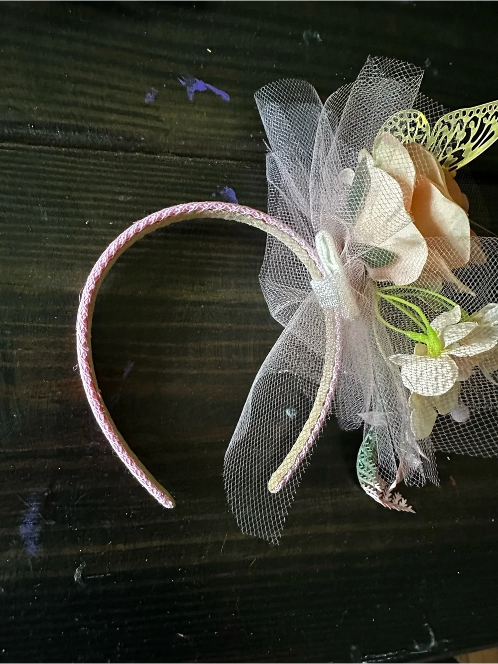Pink Floral Tulle Headband with Decorative Blooms